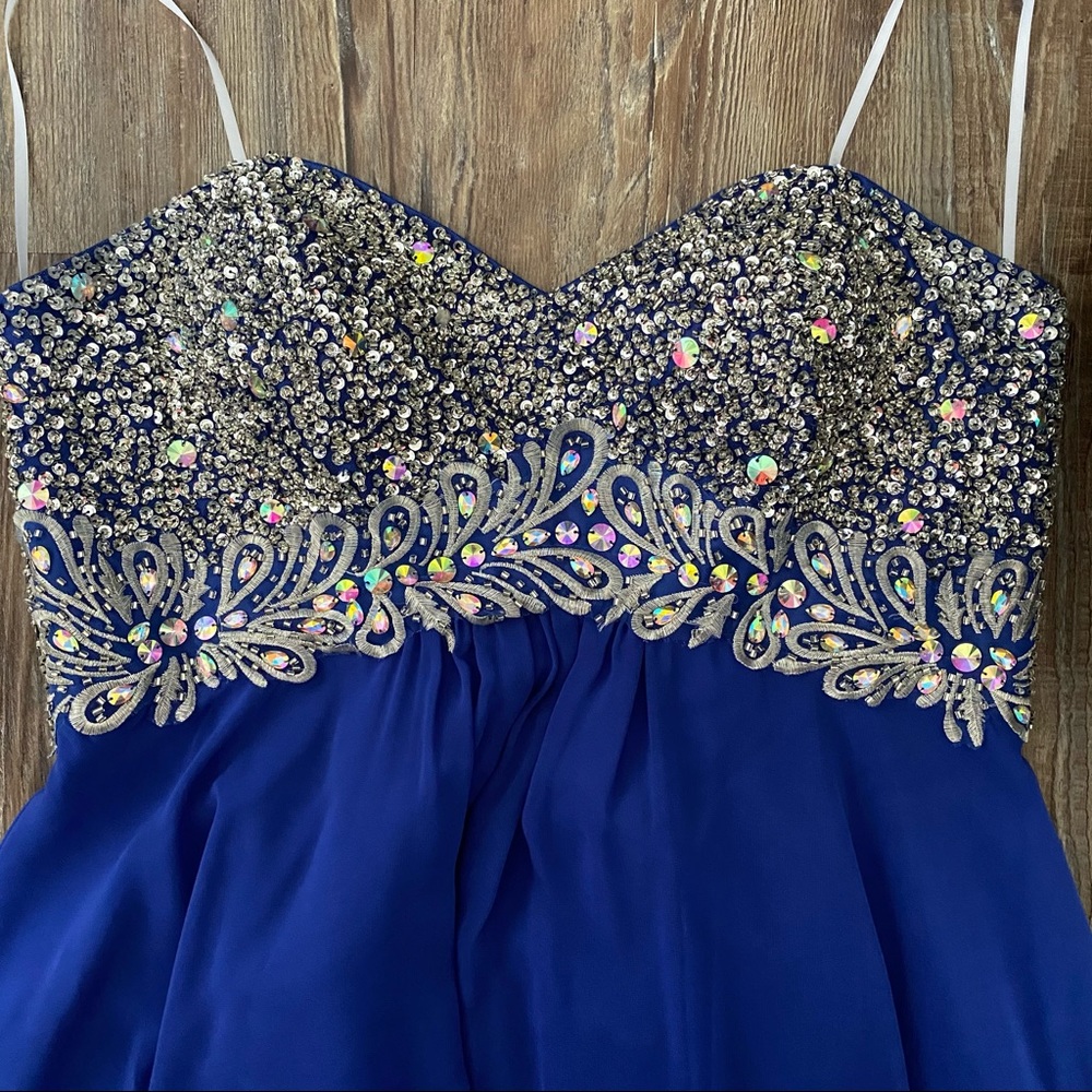 Beaded Blue Strapless Full-Length Prom Dress - Picture 3 of 11